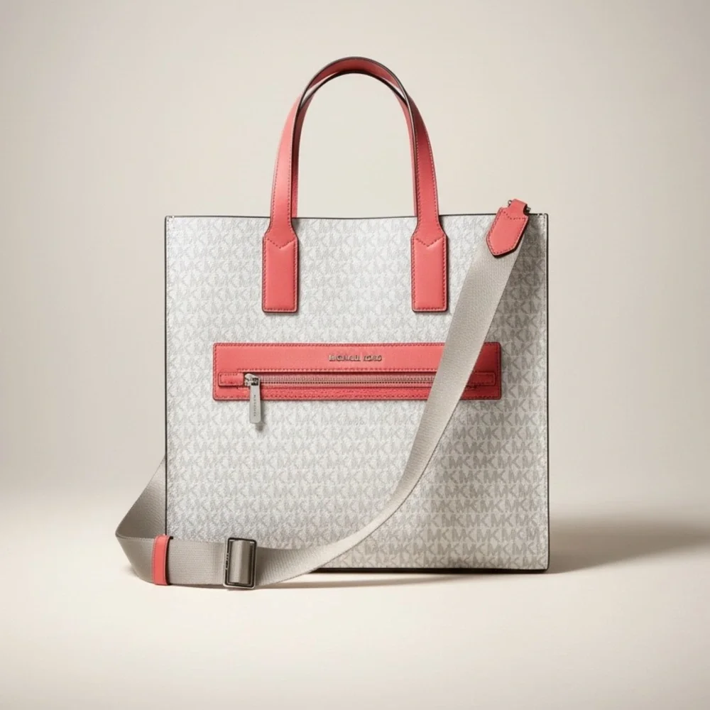 MICHAEL KORS Kenly Large Signature Logo Tape Tote Bag : Grapefruit and white